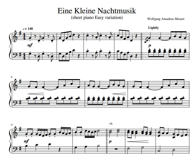 Eine Kleine Nachtmusik sheet piano Easy variation